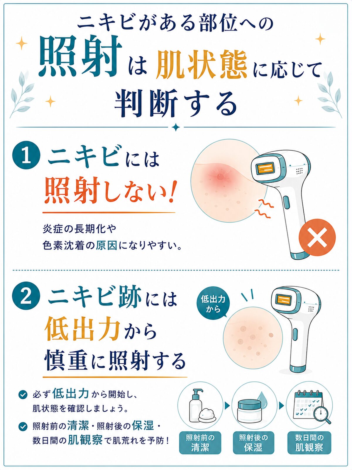 ニキビがある部位への照射は肌状態に応じて判断する