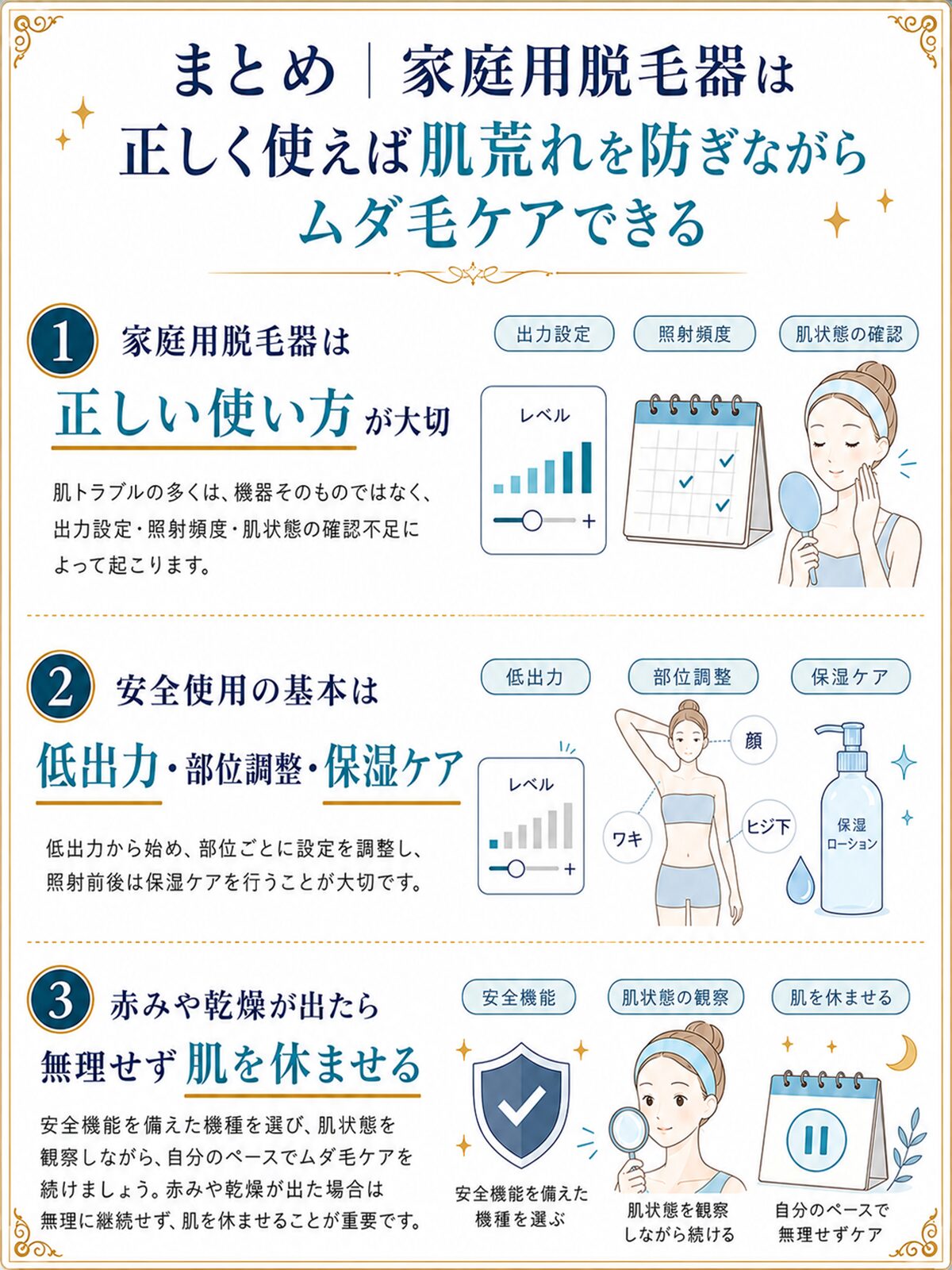 まとめ｜家庭用脱毛器は正しく使えば肌荒れを防ぎながらムダ毛ケアできる